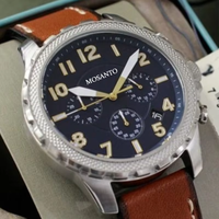 Montre chronographe à quartz pour homme, cadran bleu, chiffres arabes, lunette moletée, bracelet en cuir marron, date, montre sport pour homme