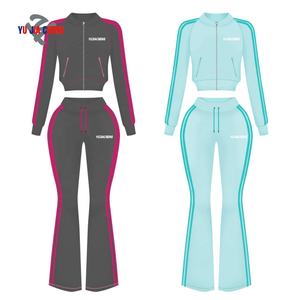 벨루어 지퍼 재킷과 플레어 팬츠 여성 맞춤형 투피스 벨벳 슈트 핑크 트랙슈트 스트라이프 키 큰 여성용 세트 - Product Image 1