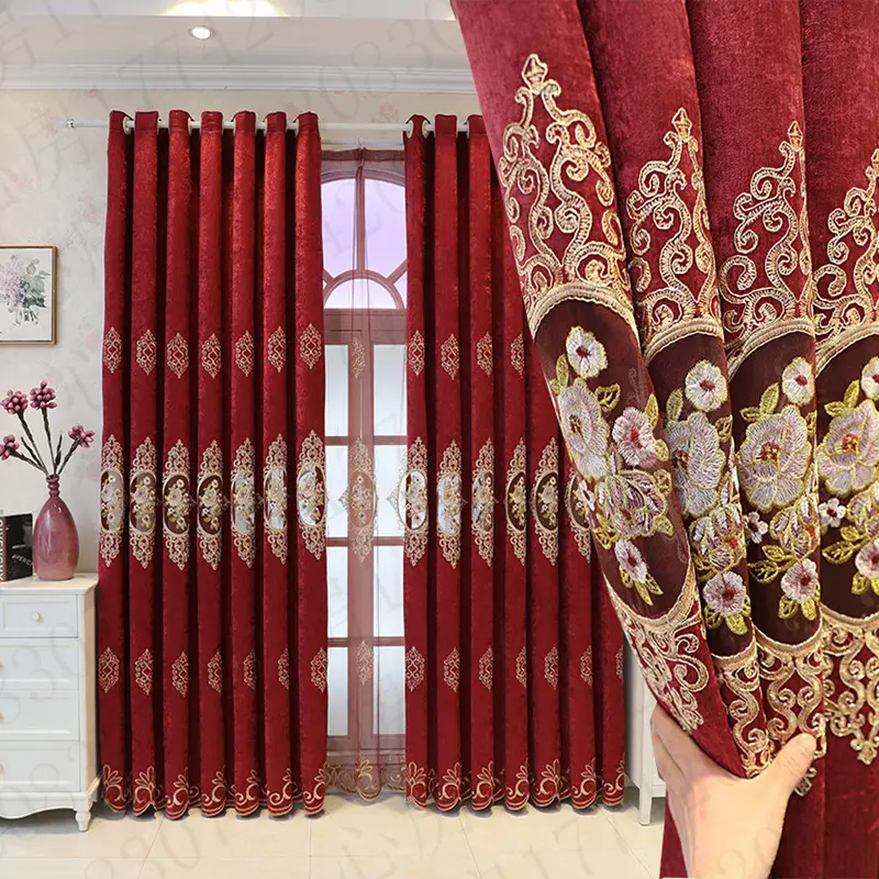 High Quality Red Embroidery Window Curtains for the Living Room Luxury Curtains Set Fabric for Home