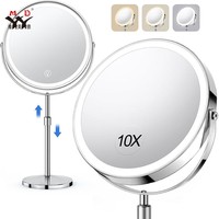 Miroir de maquillage LED moderne à double face rotatif à 360 degrés avec éclairage et grossissement, plusieurs couleurs et support métallique