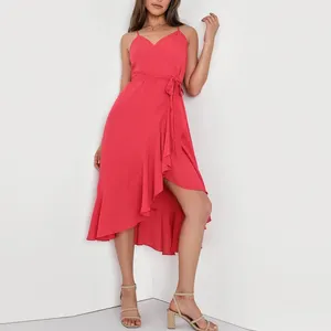 2024 Custom Women Elegant Dresses Red Ruffled Midi Wrap Dress Summer Casual Plus Size Women Dresses Ladies