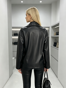 Women Moto Biker <b>Jacket</b>, Lapel Zipper Oversized Black PU Leather <b>Jacket</b>, Casual Loose <b>Motorcycle</b> Outerwear for Ladi - Product Image 3
