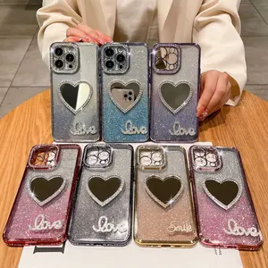 New Fashion Phone Case For iPhone 15 Pro With Love Mirror Glitter Diamond For iPhone 12 13 14 15 Pro Max Make Up Back Cover