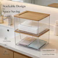 Organisateur de rangement carré en bambou avec couvercle en bois, empilable, transparent en PS, vente en gros, export