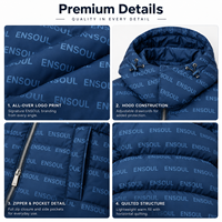 Blousons d'hiver matelassés personnalisés haut de gamme avec capuche imprimée intégrale, construction matelassée, capuche ajustable, personnalisation de la marque