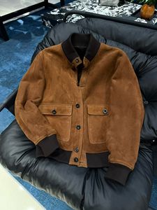 Veste en peau de mouton véritable pour homme, marron, A1, style bomber, doublée de laine, vintage, doublée de polaire, patchwork, automne, décontractée - Product Image 1