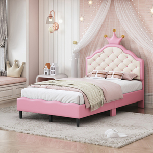 New Modern Twin Size Lovely Crown Fantasy PU Leather Princess Box Spring <b>Bed</b> Tufted Headboard Metal <b>Frame</b> Durable Eco-Friendly - Product Image 1