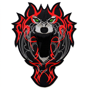 Patch brodé tête de loup thermocollant, yeux noirs, rouges et verts, forme irrégulière, en feutre non tissé, pour décoration - Product Image 1