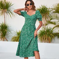 2022 קיץ ירוק פרחוני כיכר צוואר פאף שרוולי סדק גדול נדנדה Midi שמלה מזדמן שמלות בגדי אישה קצר מודפס