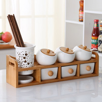 Ensemble de pots à épices en céramique avec couvercle en bois blanc, récipients de rangement modernes pour la cuisine avec cuillère pour sel, sucre, poivre, assaisonnements, maison, restaurant