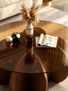 NKAHS Durable Modern Light Luxury Round Glass Coffee <b>Table</b> Wood Frame Creative French Vintage Design Home Living Room Furniture - Product Image 3