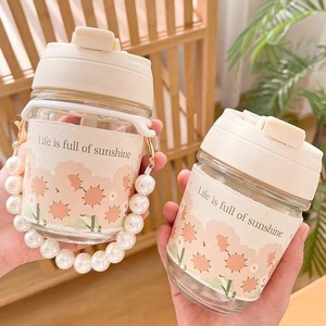 Tulip Shaped Glass Water Bottle With Pearl Handle And Straw Leak Proof For Women Travel Flower Tea Brewing - Product Image 1