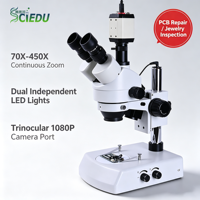 Microscopio Estéreo Trinocular SCIEDU 70X-450X WF10X ±5 Dioptrías Zoom 7-45X Luz LED Dual Cámara 1080P Microscopio para Reparación de PCB
