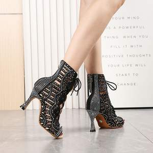 Chaussures <span class=keywords><strong>de</strong></span> <span class=keywords><strong>danse</strong></span> <span class=keywords><strong>de</strong></span> salon/latine à talon haut pour femmes, en daim, avec strass, respirantes, à bout ouvert et à lanières, nouvelle collection 2024, vente chaude - Product Image 5