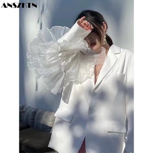 ANSZKTN-Chaqueta de botón de moda para mujer, chaqueta informal holgada Irregular con volantes de <span class=keywords><strong>malla</strong></span> de gran tamaño - Product Image 1