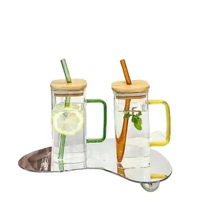 Caneca de chá e café de vidro criativa quadrada, caneca de vidro de borosilicato para uso doméstico, alça alta simples e fofa colorida