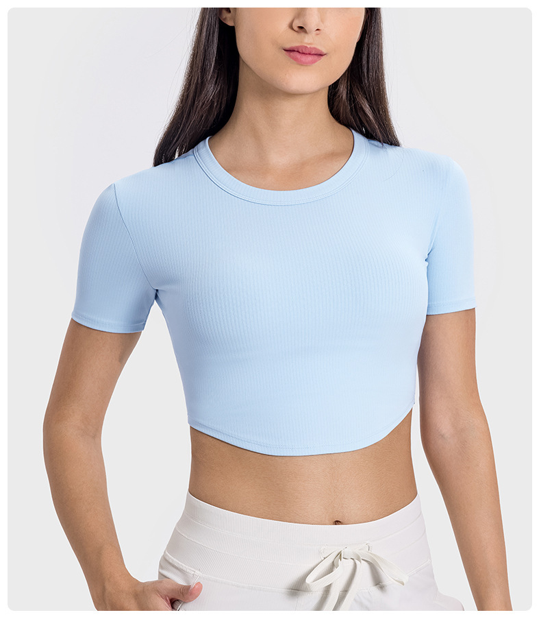 Yoga Top High Cool Feeling Fitness Crop Top T-shirt Activewear Women Ribbed Round Neck Shockproof Tank Top
