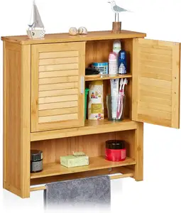 Gabinete de almacenamiento para inodoro de baño, estante de almacenamiento de pared de bambú con toallero, armario de almacenamiento de bambú, colgar madera Natural