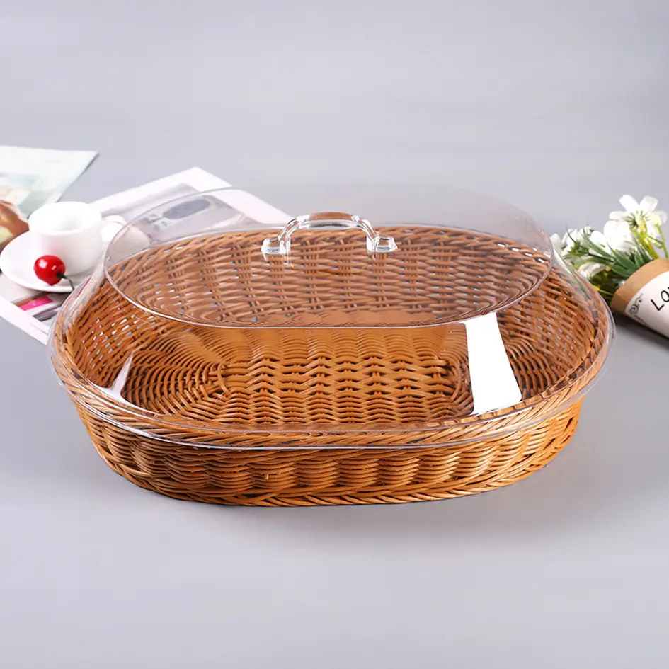 Cestini rettangolari in Rattan di vendita calda cucina cibo pane tessuto plastica tessuto cesto con coperchio