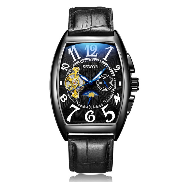 SEWOR T557A Automatic Mechanical Men Watch Fashion Leather Skeleton Auto Date Business Watch