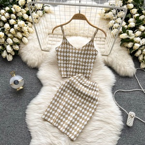 Sexy Sweet Elegant Halter Knit Set Women Thin Plaid Package Hip Short <b>Skirt</b> Two Piece Set - Product Image 2