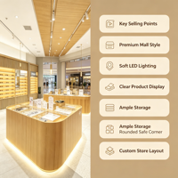 Meubles de présentation pour magasin d'optique haut de gamme, comptoir de présentation incurvé en bois pour lunettes, vitrine murale pour lunettes de soleil avec éclairage LED ambiant