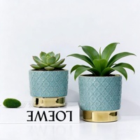 Pot Bunga Keramik Teal Quatrefoil Embossed Stoneware - Alas Berlapis Emas