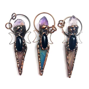 Manufacturer natural stone oval black onyx gemstone amethyst healing blue pink quartz pendant charm for jewelry making