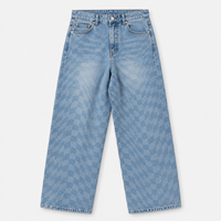 Jeans en denim délavé bleu clair pour homme, coupe large, avec motif à carreaux dégradé ton sur ton
