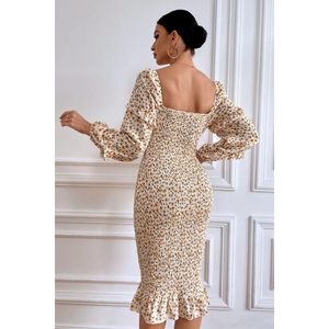 Robe moulante mi-longue à fleurs pour femme FOXA, col carré, manches bouffantes, robe de cocktail smockée style sirène - Product Image 3