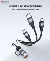 Kabel Pengisi Daya Yesido 12W 1,2 Meter USB/USB-C ke Micro/USB-C/IP 6 in 1, Kabel Data Berbahan Aluminium Alloy dengan Jalinan Kawat, CA203