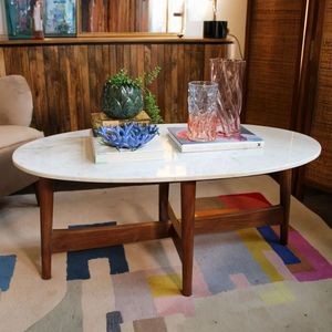 Mesa de Centro Ovalada Minimalista de Mármol y Madera de Acacia para Sala de Estar, Mueble de Lujo con Superficie de Piedra Natural - Product Image 1