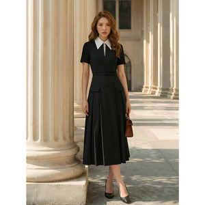 Ready To Ship Women Black A Line Midi Dress Short Sleeve <b>White</b> Collar Pleated <b>Skirt</b> Elegant Office Wear Best Seller - Product Image 1