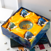 Tasse et soucoupe en céramique de style peinture Van Gogh en porcelaine fine dans une boîte cadeau, tasses à thé et soucoupes lot de 4