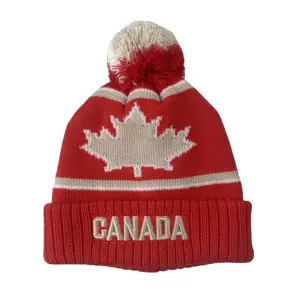 Canada Red Winter Warm Promotional Customized Jacquard 3D Embroidery Acrylic Hat Beanie with Pompom Ball