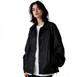 Chaqueta de cuero genuino negra para mujer, con cremallera, cuello vuelto, manga larga, abrigos de otoño, chaqueta de otoño de un solo botón - Product Image 6