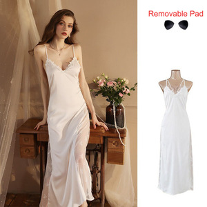 Hot Sale Ice Silky <strong>Nightdress</strong> and Sexy <strong>Black</strong> Lace Long Satin Nightgown Plus Size Pajamas Sleepwear for Women - Product Image 3