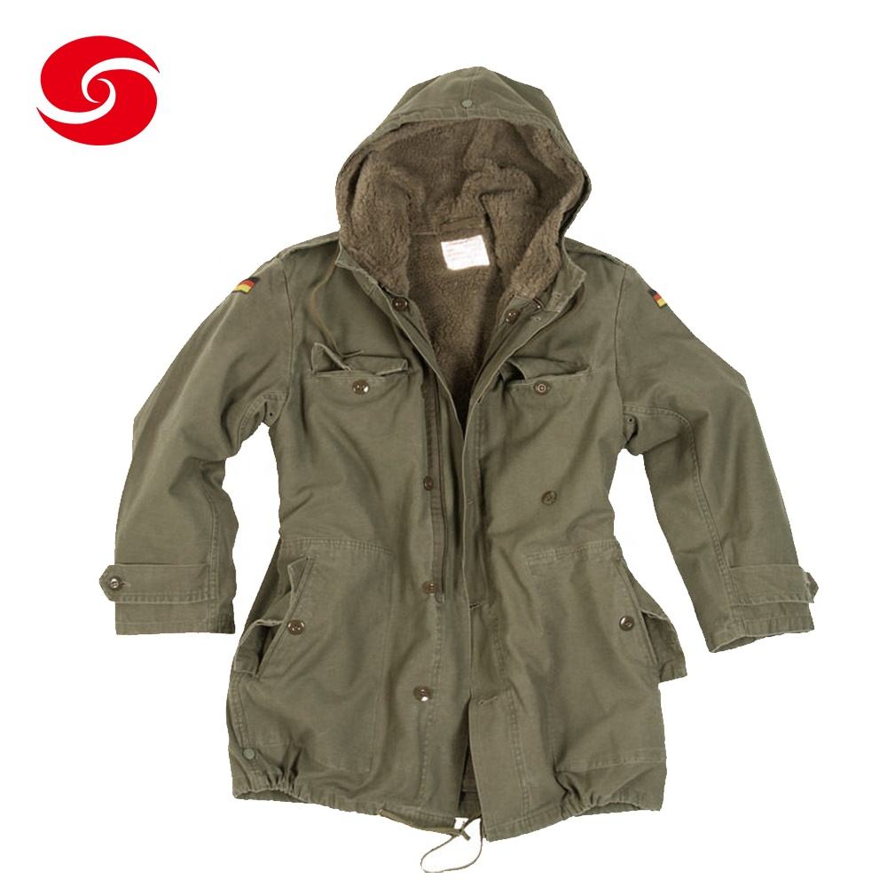 Commercio all'ingrosso classico da fatica invernale verde oliva tedesco M65 giacca Parka da campo in ottone intrecciata da uomo 100% cotone formale traspirante