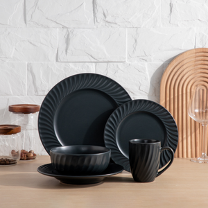 Wholesale Custom <b>Black</b> Ribbed Ceramic Tableware, Matte Stoneware Dinner Set, Free Design & Custom Logo Available - Product Image 2