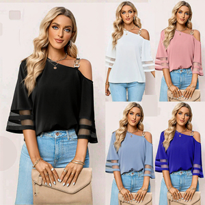 เสื้อผู้หญิงเซ็กซี่ลำลองผ้าซาตินปี 2024 แต่งผ้าตาข่ายเปิดไหล่ทรงเข้ารูประบายอากาศได้ดีเป็นมิตรกับสิ่งแวดล้อม เหมาะสำหรับงานปาร์ตี้และคลับ ติดกระดุมโลหะ - Product Image 3