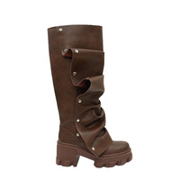 Vente chaude femmes plate-forme Slouchy replier bottes mollet bloc talon bout rond Western sans lacet botte de mode