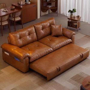 Retro Style Oil Waxed Leather Sofa <b>Bed</b> Foldable Extendable Vintage Living Room Furniture For Small Apartments 2025 Model - Product Image 1