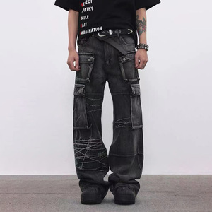 Pantalon cargo en denim pour homme, style vintage, broderie Y2K, hip hop, respirant, imprimé, ODM, tendance, multi-poches - Product Image 2