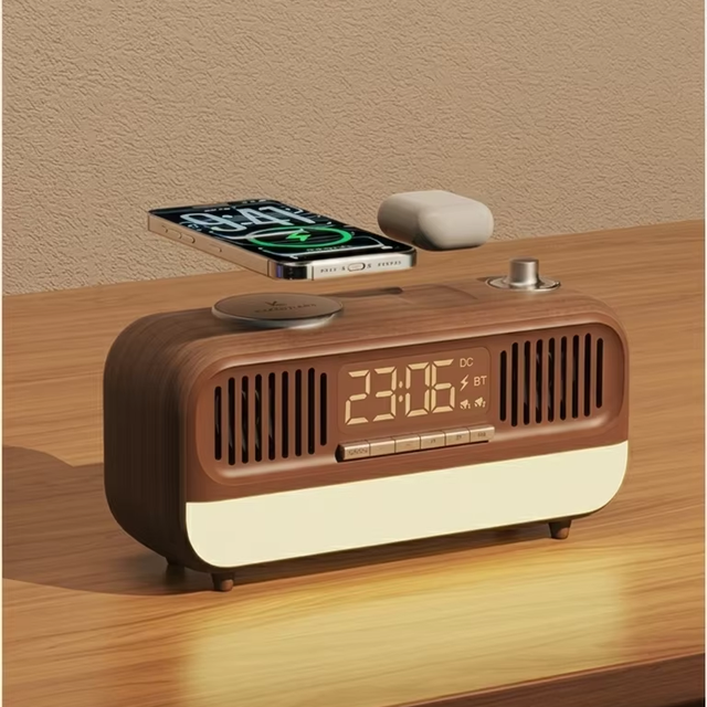 KUANGXIANG New Innovation 2026 Wireless Music Speaker with Wireless Charger for Phone and Earbuds with Alarm Clock, FM Radio