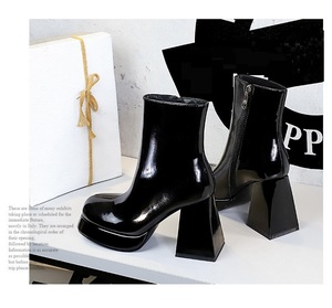 Chaussures à talons hauts épais à bout rond en cuir verni tendance 2024 pour femmes, bottines d'automne et d'hiver - Product Image 4