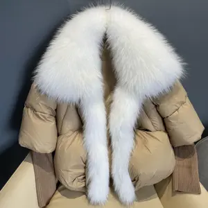 2022 Autumn New Women's Down Jacket Lady Fur Coat Short Fox Fur Collar White Duck Down Coat