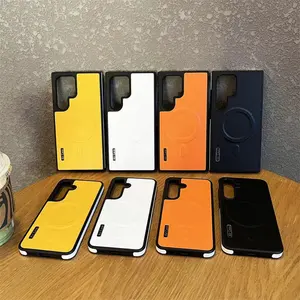 Casing ponsel kulit asli Samsung S24, casing ponsel PU tahan guncangan anti-benturan magnetis untuk Samsung S23 S22 S21 Ultra