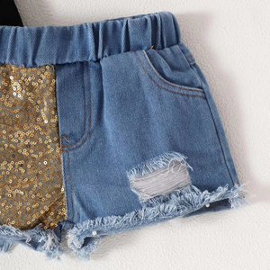 Nuovo Set Estivo alla Moda <span class=keywords><strong>per</strong></span> <span class=keywords><strong>Ragazze</strong></span> 2-14 Anni: T-Shirt Nera con Paillettes Dorate e Shorts in Denim, Casual e Traspirante - Product Image 3