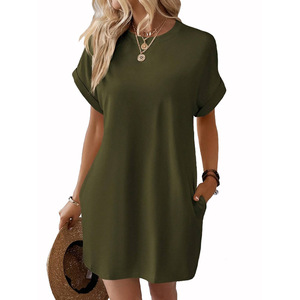 Nouvelle Collection Printemps/Été – Robe Décontractée Ample à Col Rond et Manches Chauve-Souris Unie pour Femme, en Polyester et Spandex, Coupe Trapèze, avec Poches (ODM) - Product Image 5