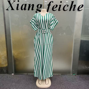Nouvelle Robe Décontractée Femme 2026 à Rayures Verticales Rose et Blanches, Col en V, Manches Courtes, Ceinture Ajustable, Coupe Ample, Style Boubou Caftan Imprimé Africain - Product Image 6
